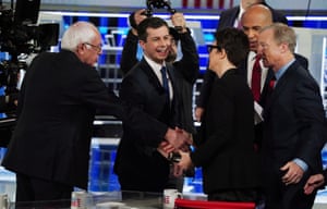Rachel Maddow with Democratic presidential candidates Bernie Sanders, Pete Buttigieg, Cory Booker and Tom Steyer after a debate on 20 November