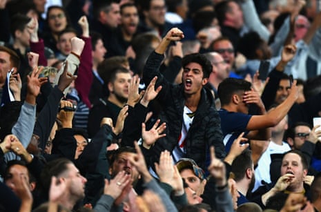 Spurs fans celebrate after Harry Kane scored the home side’s third.