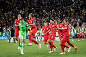 Kieran Trippier and Harry Kane celebrate with Jordan Pickford after England finally won a World Cup penalty shootout when beating Colombia at Spartak Stadium.