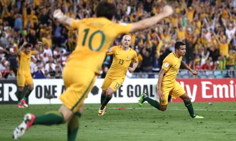 Tim Cahill celebrates after scoring his, and Australia’s, second in their 2-1 win over Syria.