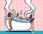 Illustration of person in bath with a drink, looking very content. A rubber duck has fallen out of the bath, which is overflowing. lots of bubbles