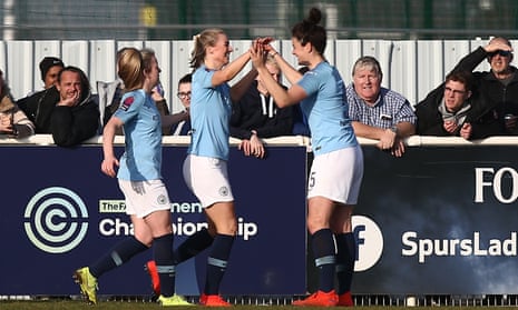 Gemma Bonner celebrates scoring Manchester City Women’s third goal at Tottenham Hotspur Ladies in their Women’s FA Cup tie