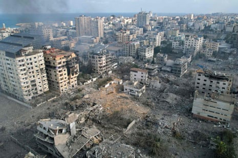 Aerial photo showing heavily damaged buildings after Israeli airstrikes on Gaza City