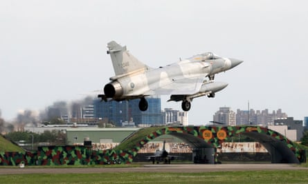 A Taiwanese air force Mirage 2000 fighter jet lands at an air force base in Hsinchu, northern Taiwan, on Sunday.