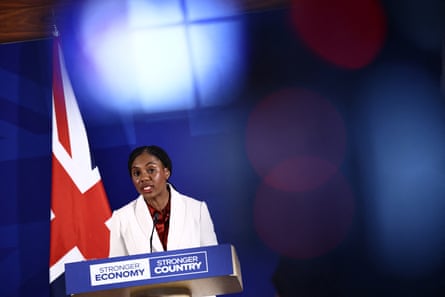 The Conservative leader, Kemi Badenoch, speaking at a press conference