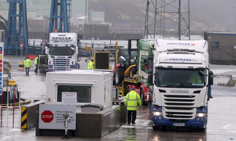 Trucks leaving Larne port in Northern Ireland. 