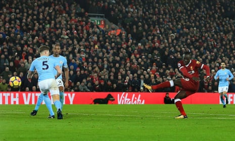Sadio Mané thrashes home Liverpool’s third goal after Manchester City’s defence was forced into error by the home side’s pressure.