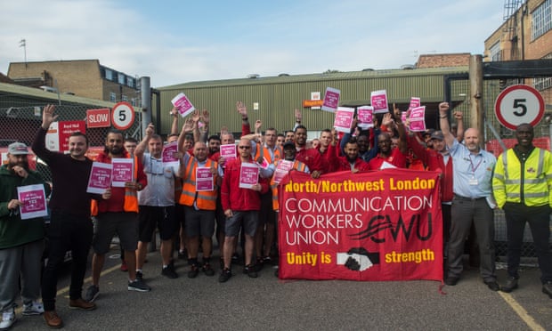 Postal workers at a north London sorting office before a strike ballot in which more than 97% of Communication Workers Union members voted for industrial action, 10 September 2019.
