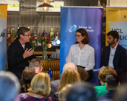 Andy Burnham in conversation with Politics Weekly podcast hosts Pippa Crerar and Kiran Stacey at Labour conference