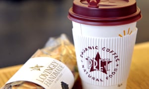 Coffee cups and a sandwich in a Pret A Manger store in Melcombe Street in central London.