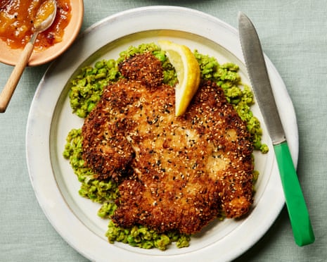 Gurdeep Loyal's mango chicken schnitzel with lime-leaf smashed peas.
