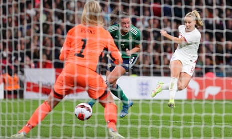 Beth Mead thumps the ball past northern Ireland keeper Jacqueline Burns.