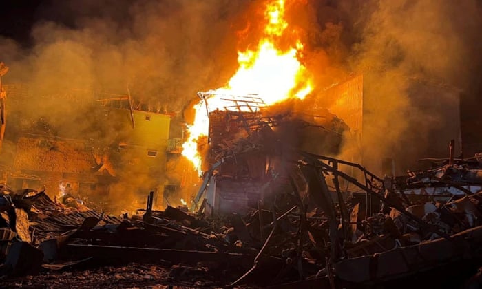 A burning building hit by a Russian missile strike in a resort area in Odesa regionPress service of the Operational Command South of the Armed Forces of Ukraine/Handout via REUTERS