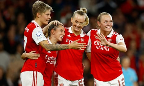 Arsenal's Lina Hurtig (left) celebrates scoring their third goal with Jordan Nobbs, Frida Maanum and Stina Blackstenius.