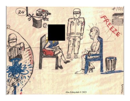 Drawing of a naked prisoner being tortured in a chair in front of a female interrogator.