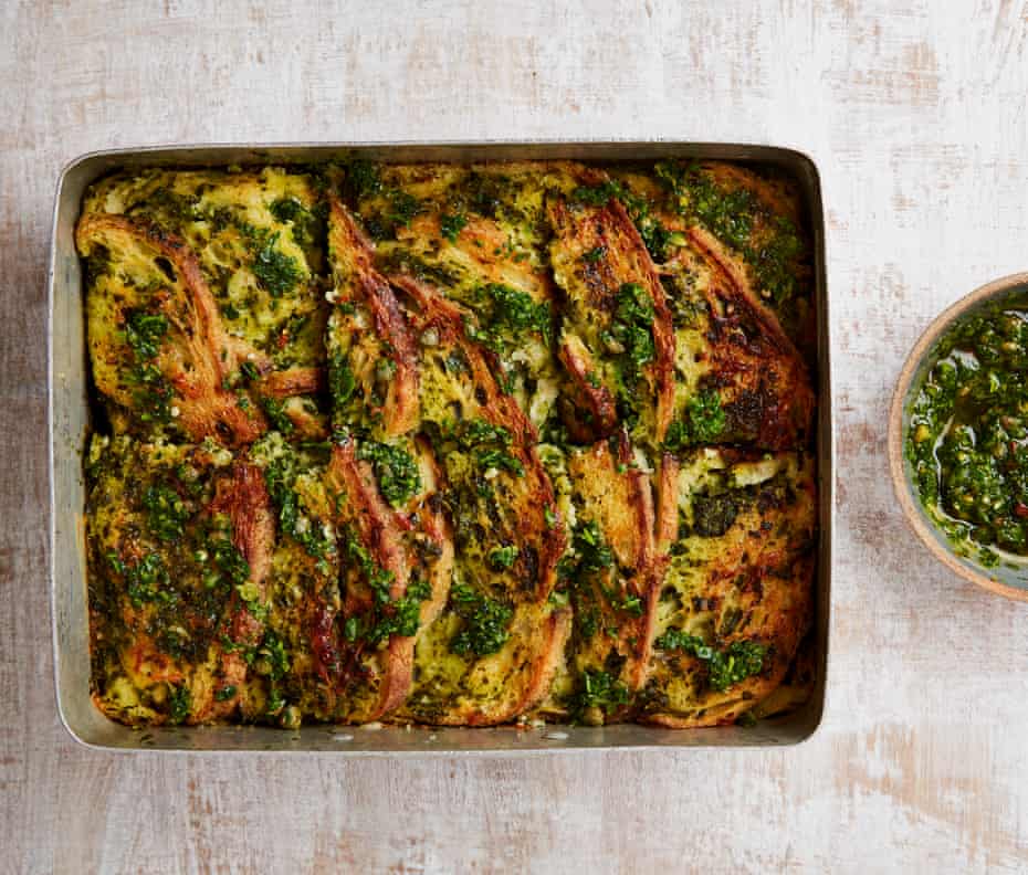 Yotam Ottolenghi’s kale pesto strata with gruyère and mustard.