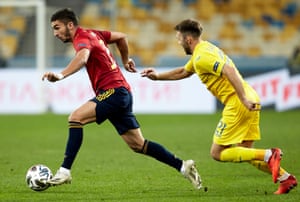 Ferran Torres surges forward during Spain’s Nations League group game against Ukraine this month.