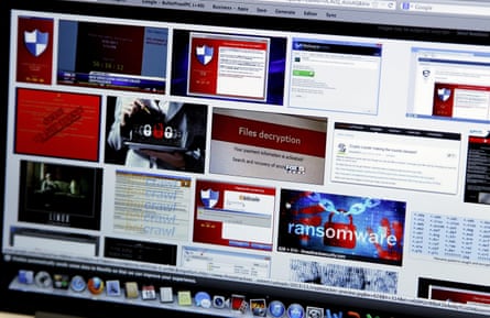 Various examples of ransomware messages displayed on a computer screen.