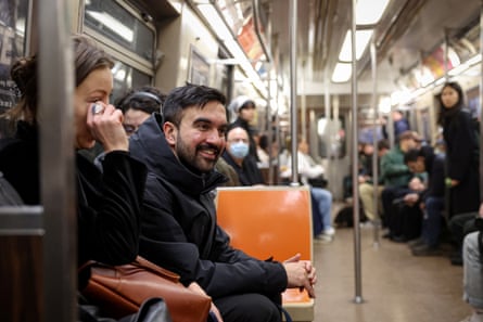 Zohran Mamdani rides the subway following a campaign stop in New York City 1 April 2025.
