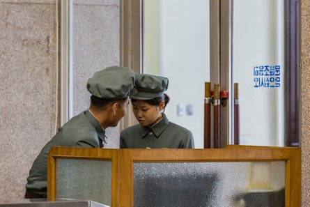 Two entrance guards at the Grand People’s Study House, the main library in Pyongyang