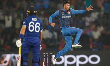 Mujeeb ur Rahman of Afghanistan celebrates the wicket of Joe Root of England