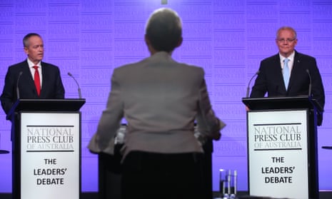 Scott Morrison and Bill Shorten during the third and final election debate at the National Press Club in Canberra this evening. Wednesday 8th May 2019.