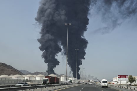 Smoke rises from the direction of a major UAE energy installation on Saturday.