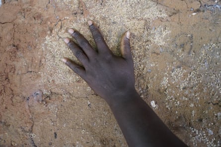 Maimuna Augusto points to seeds stuck on a wall to protect them from bugs.