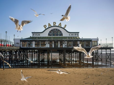 Seagulls fly in front of a fish and chip shop on a pier
