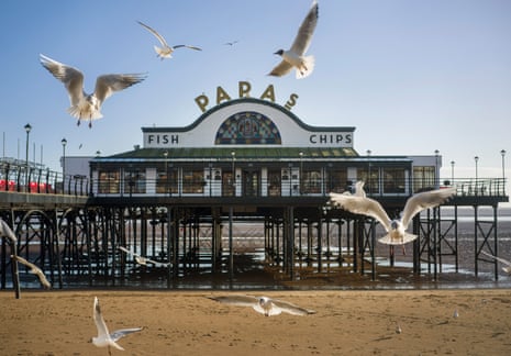 Seagulls fly around a traditional English seaside pier