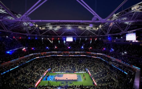 An overhead shot of Arthur Ashe Stadium before Ben Shelton and Frances Tiafoe’s semi-final on Friday.