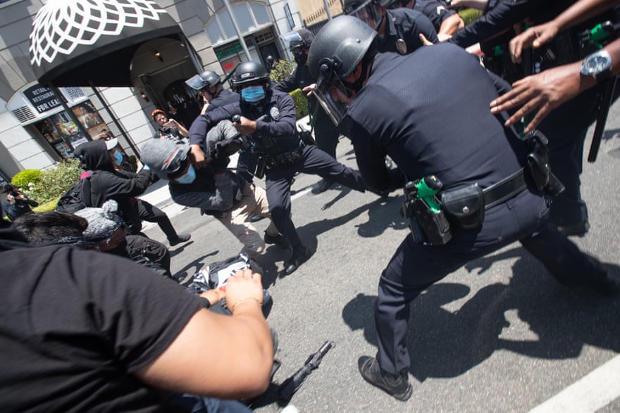 The Los Angeles police department is facing criticism from protesters who say police should have made arrests at the 3 July event.