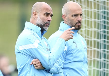 Enzo Maresca with Pep Guardiola at a June 2023 Manchester City training session
