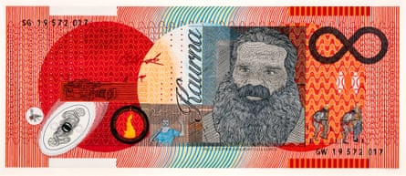 A watercolour painting resembling an alternative currency similar to an Australian 20 dollar note in colour and design, but featuring a portrait of an Indigenous man with a big beard, and an infinity sign instead of a “20”.