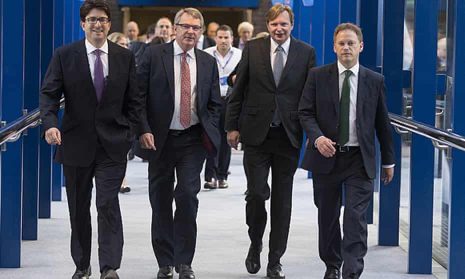 (left to right) Lord Feldman with Lynton Crosby, Jim Messina and Grant Shapps at the Conservative party annual conference in September 2014.