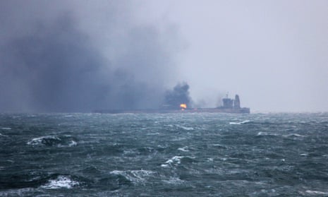 Handout photo from China’s transport ministry of the burning oil tanker Sanchi.