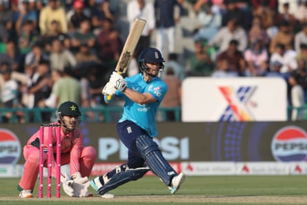 Ben Duckett plays a shot during the one-day international between England and Pakistan.