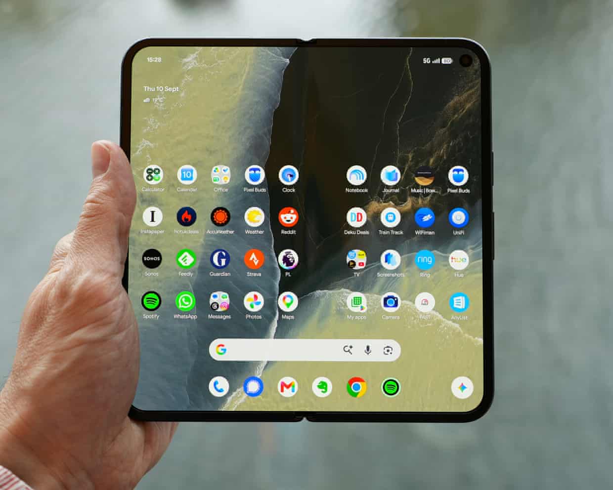 The inside tablet screen of the Google Pixel 11 Pro Fold showing the home screen full of apps