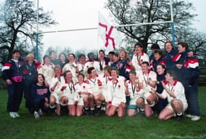 England players and staff celebrate their victory over the USA in the 1994 Women’s Rugby World Cup Final in Edinburgh on 24 April 1994.