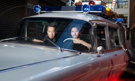 Ivan and Jason Reitman in Ecto-1, the Ghostmobile.