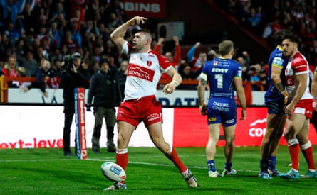 Hull KR’s James Batchelor celebrates scoring their side’s first try of the game during the Super League play-off semi-final against Wigan Warriors.
