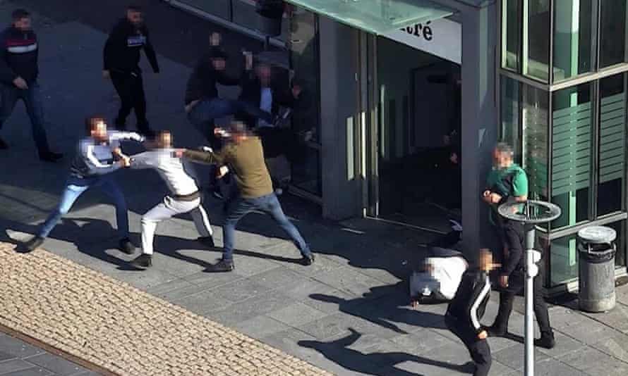 Police footage of disorder in Hjällbo square in May this year, when two large gangs clashed.