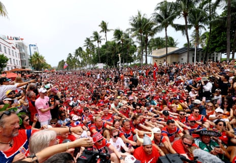 Norway fans perform the 'Viking Row' celebration in Miami Beach.