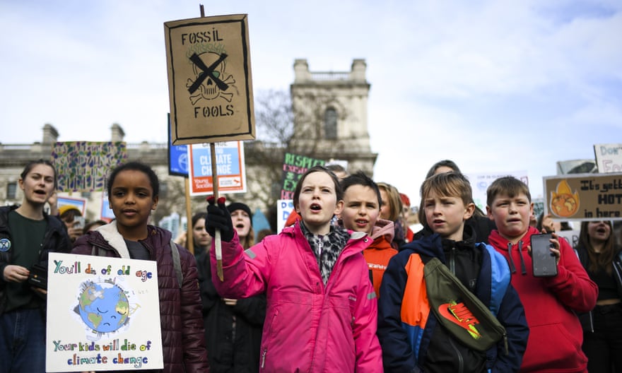 Children gather at Parliament Square, London, to protest against climate change in February 2020.