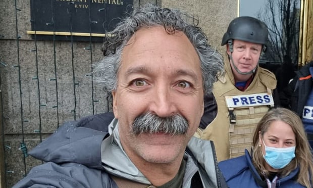 Fox News cameraman Pierre Zakrzewski on assignment with colleagues Steve Harrigan and Jerusalem-based senior producer Yonat Friling. Photograph: Pierre Zakrzewski/AP