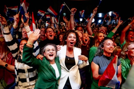 Party supporters cheer with raised Dutch flags