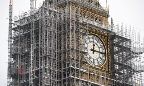 Elizabeth Tower, known as Big Ben after the bell it holds, clad in scaffolding, as it undergoes extensive renovation.