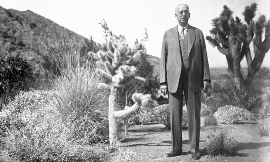 King Camp Gillette in his cactus garden, at home in Palm Springs, California.