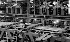 Press Works<br>circa 1950: Rebuilding work going on inside the printing hall at the Daily Express building, London. (Photo by Express/Express/Getty Images)