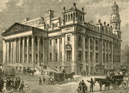 Black and white illustration showing people and horses and carriages outside the exchange